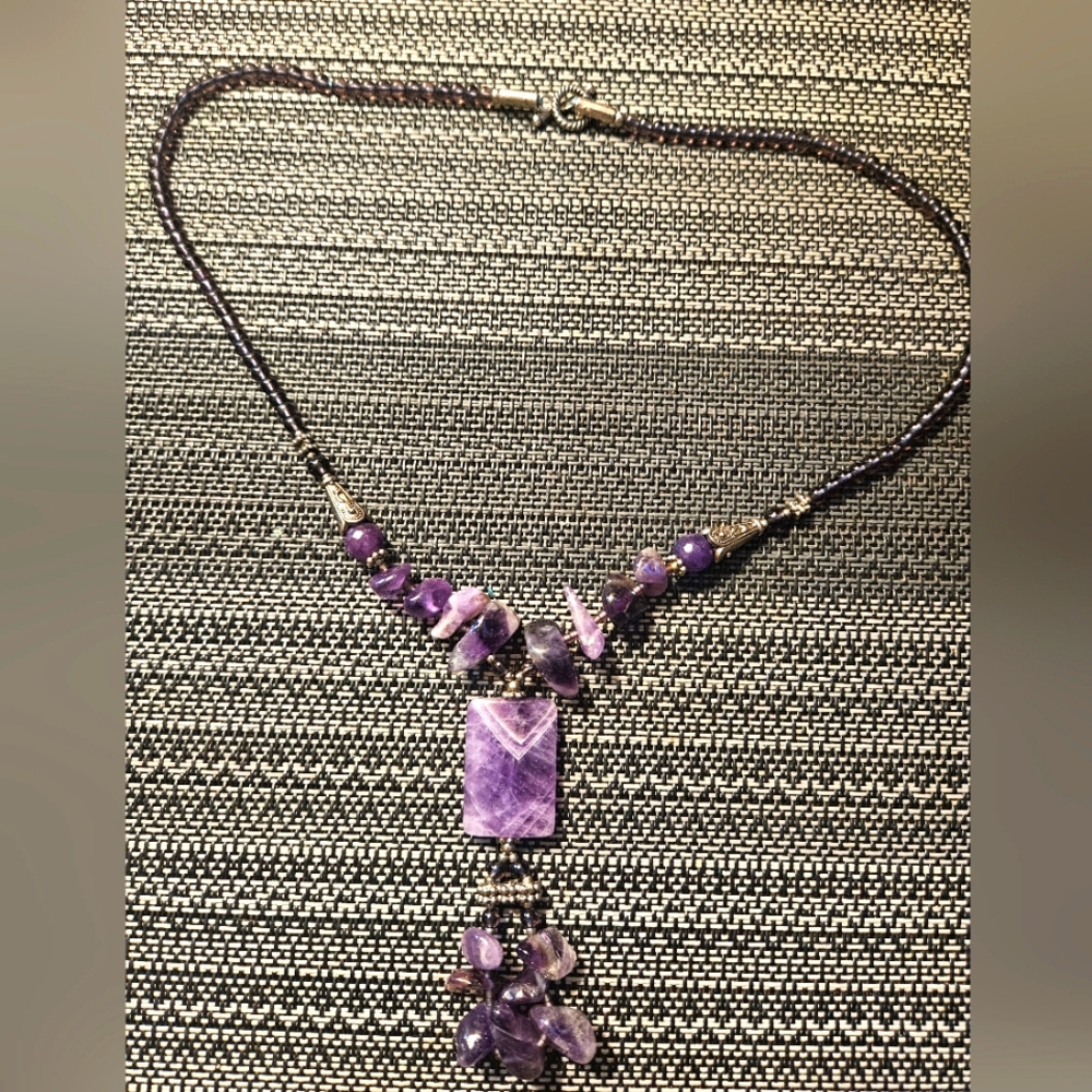 STRIKING VTG.AMETHYST&STERLING BOHO NECKLACE.BIG CENTERPIECE W/TASSELS.STATEMENT